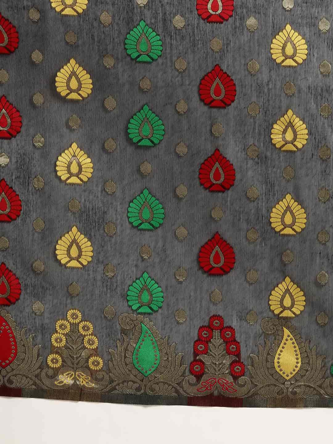 Black Pure Cotton Woven Zari Design Paisley Saree with Unstitched Blouse - Hiral Fashion - Distacart