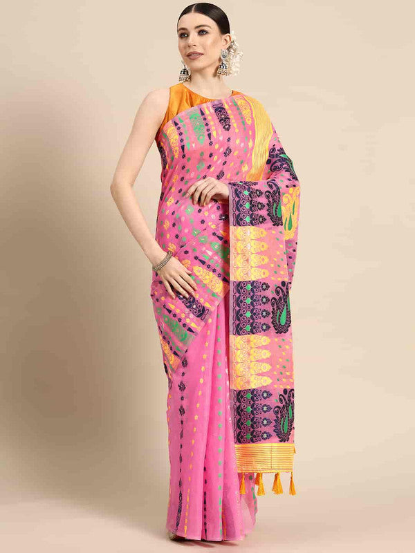 Pink Pure Cotton Woven Zari Design Paisley Saree with Unstitched Blouse - Hiral Fashion - Distacart