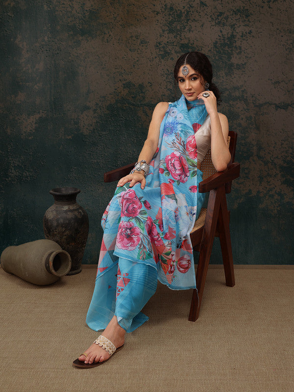 Blue Polyester Digital Print Abstract Saree with Unstitched Blouse - Hiral Fashion - Distacart