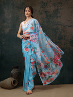 Thumbnail for Blue Polyester Digital Print Abstract Saree with Unstitched Blouse - Hiral Fashion - Distacart