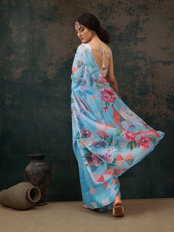 Blue Polyester Digital Print Abstract Saree with Unstitched Blouse - Hiral Fashion - Distacart