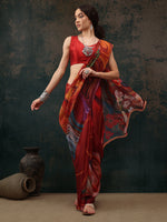 Thumbnail for Brown Polyester Digital Print Abstract Saree with Unstitched Blouse - Hiral Fashion - Distacart