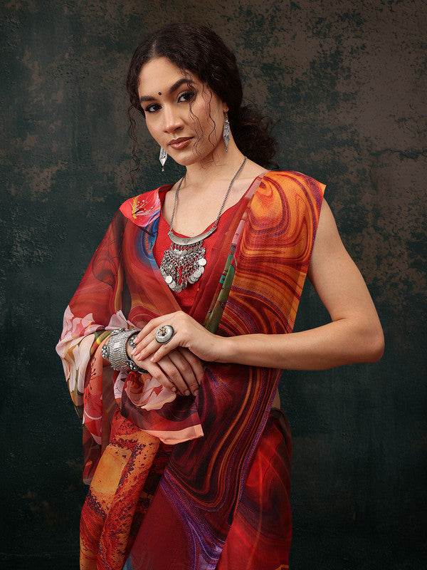 Brown Polyester Digital Print Abstract Saree with Unstitched Blouse - Hiral Fashion - Distacart