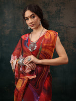 Thumbnail for Brown Polyester Digital Print Abstract Saree with Unstitched Blouse - Hiral Fashion - Distacart