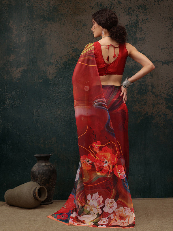 Brown Polyester Digital Print Abstract Saree with Unstitched Blouse - Hiral Fashion - Distacart