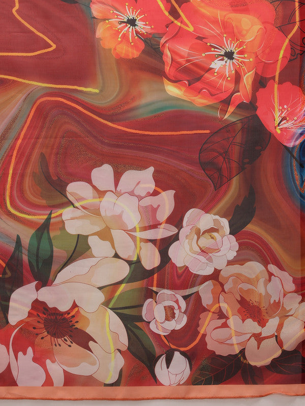 Brown Polyester Digital Print Abstract Saree with Unstitched Blouse - Hiral Fashion - Distacart