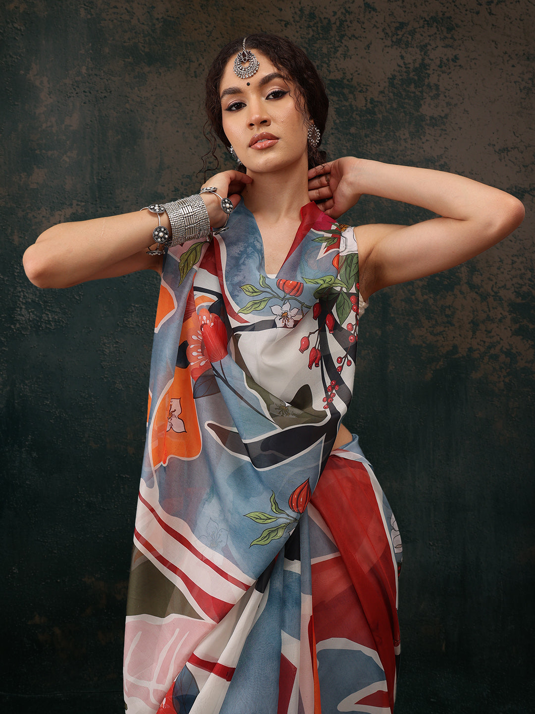 Multicolor Polyester Digital Print Abstract Saree with Unstitched Blouse - Hiral Fashion - Distacart