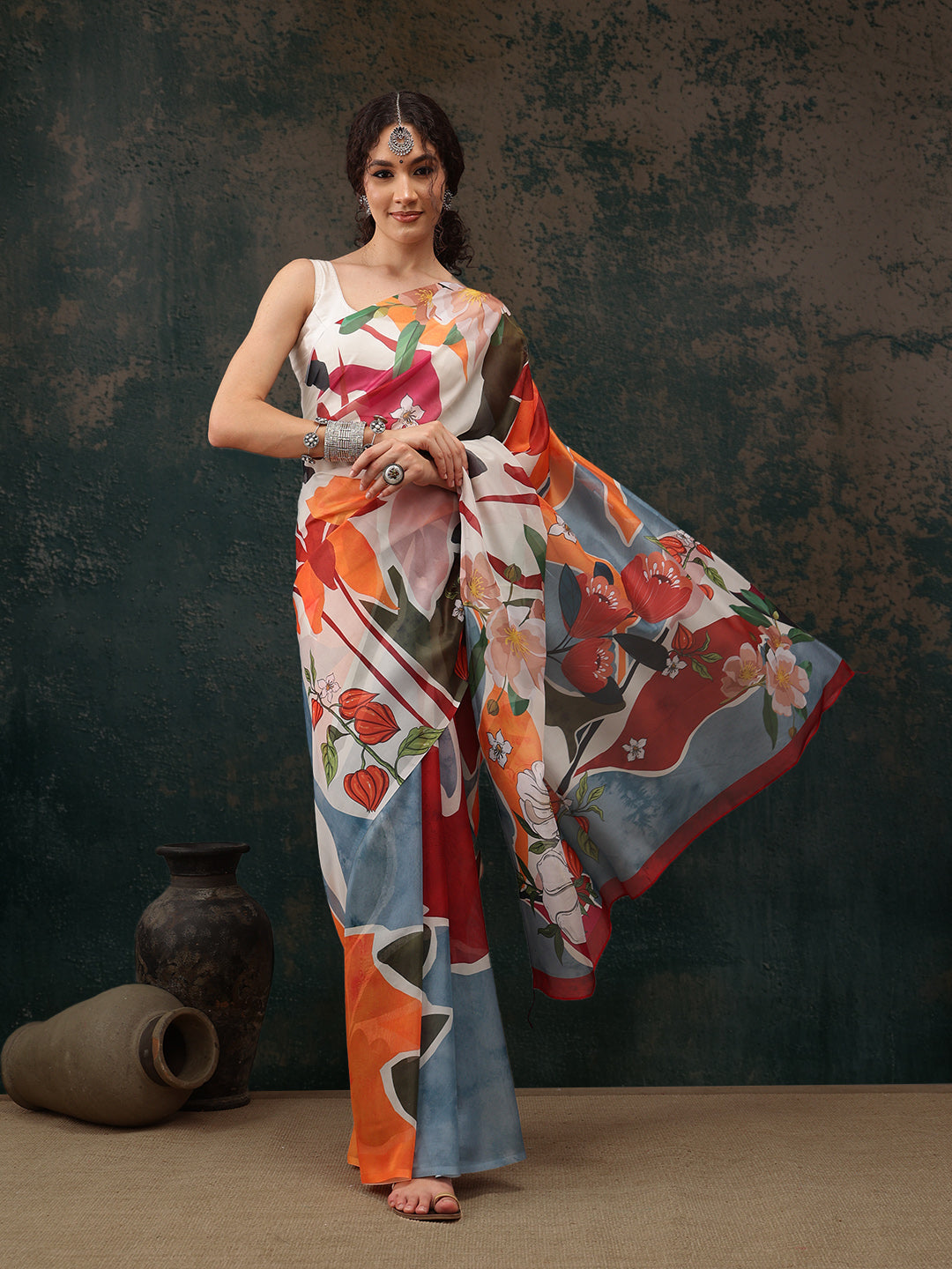 Multicolor Polyester Digital Print Abstract Saree with Unstitched Blouse - Hiral Fashion - Distacart