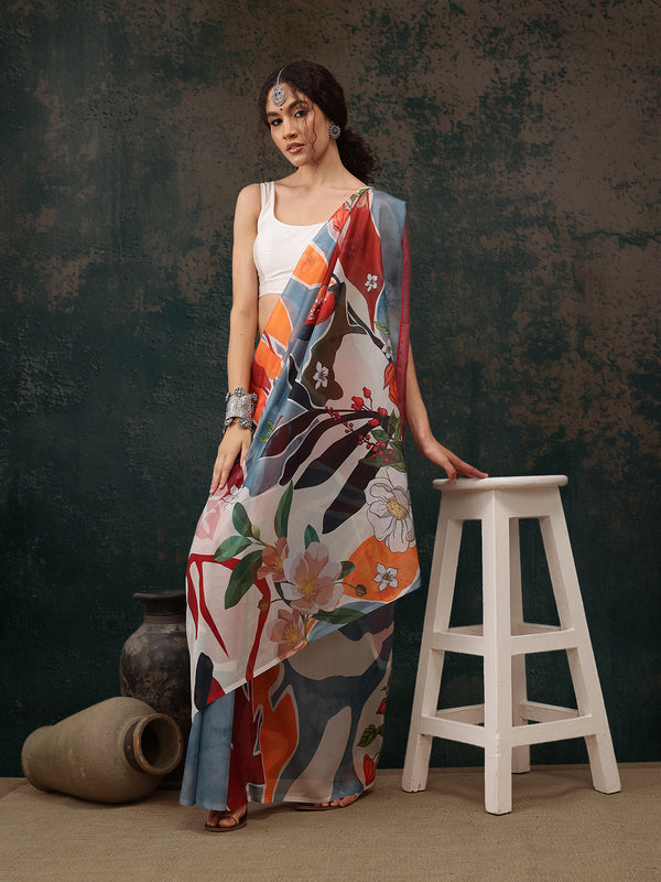 Multicolor Polyester Digital Print Abstract Saree with Unstitched Blouse - Hiral Fashion - Distacart