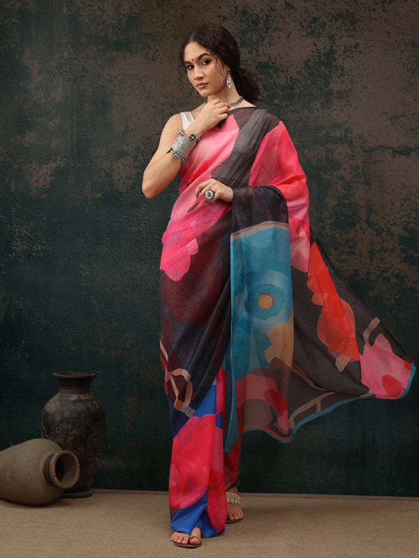 Multicolor Polyester Digital Print Abstract Saree with Unstitched Blouse - Hiral Fashion - Distacart