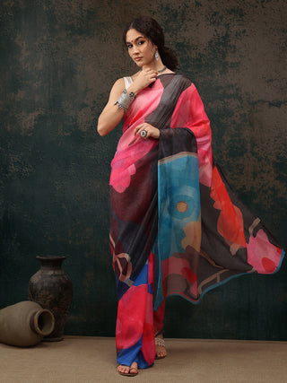 Multicolor Polyester Digital Print Abstract Saree with Unstitched Blouse - Hiral Fashion - Distacart