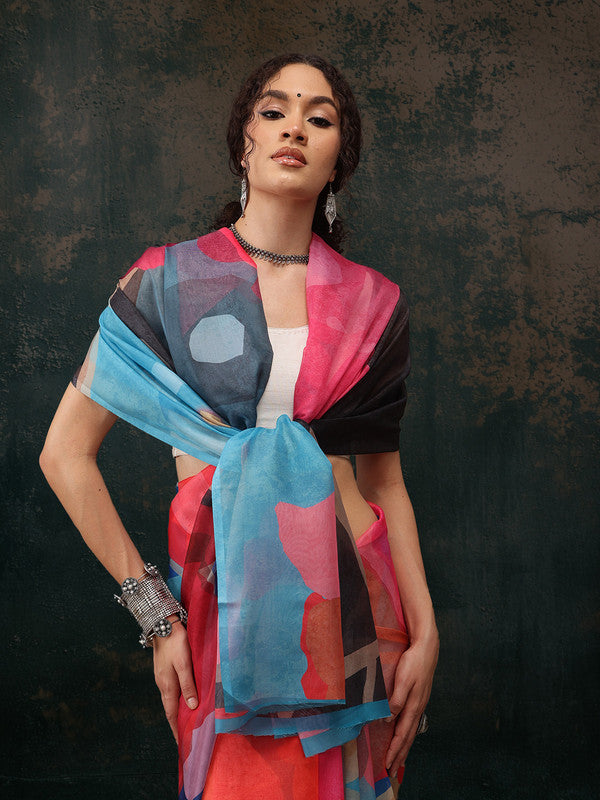 Multicolor Polyester Digital Print Abstract Saree with Unstitched Blouse - Hiral Fashion - Distacart
