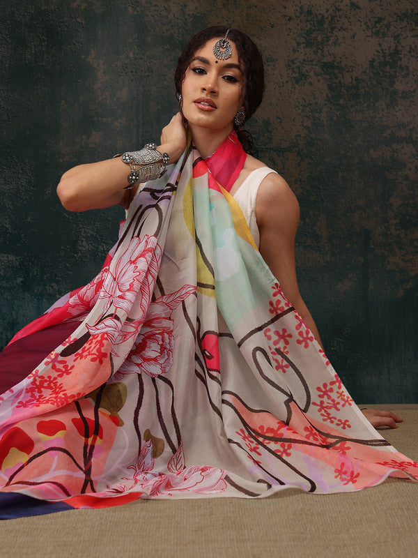 Multicolor Polyester Digital Print Abstract Saree with Unstitched Blouse - Hiral Fashion - Distacart