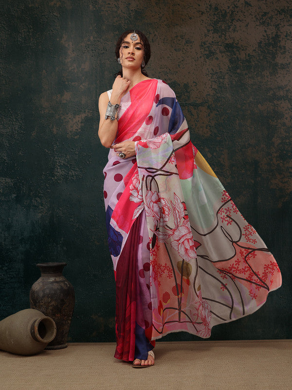 Multicolor Polyester Digital Print Abstract Saree with Unstitched Blouse - Hiral Fashion - Distacart