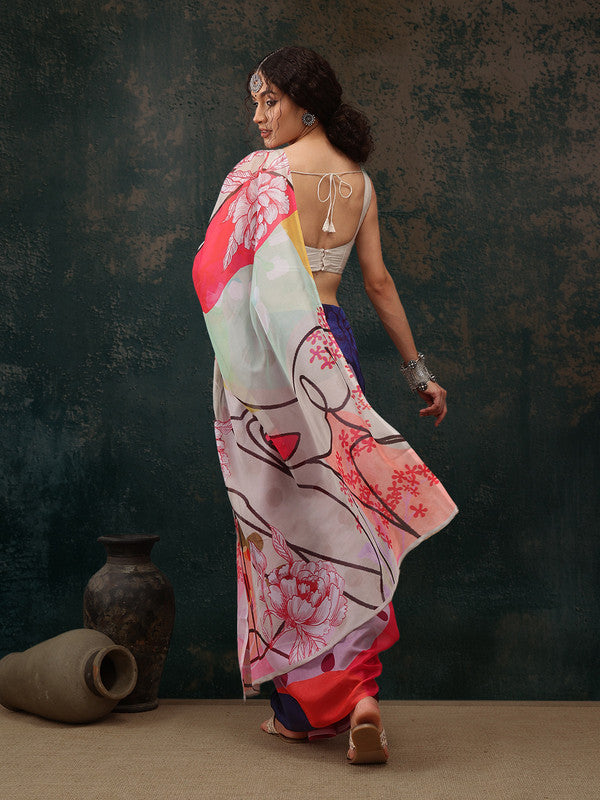 Multicolor Polyester Digital Print Abstract Saree with Unstitched Blouse - Hiral Fashion - Distacart