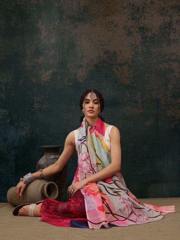 Multicolor Polyester Digital Print Abstract Saree with Unstitched Blouse - Hiral Fashion - Distacart