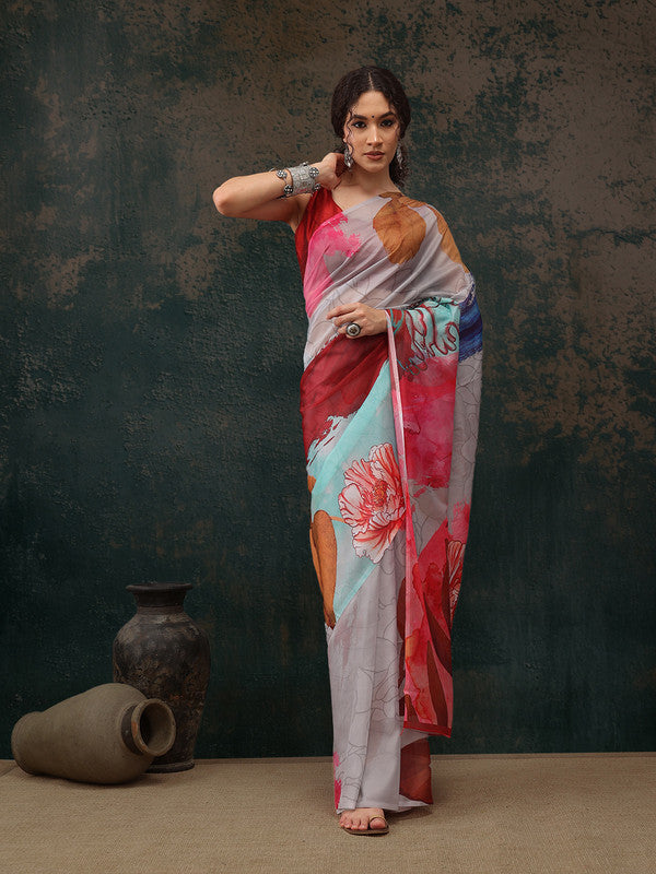 Multicolor Polyester Digital Print Abstract Saree with Unstitched Blouse - Hiral Fashion - Distacart