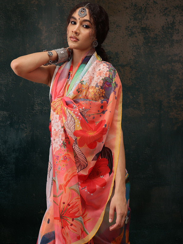 Multicolor Polyester Digital Print Abstract Saree with Unstitched Blouse - Hiral Fashion - Distacart