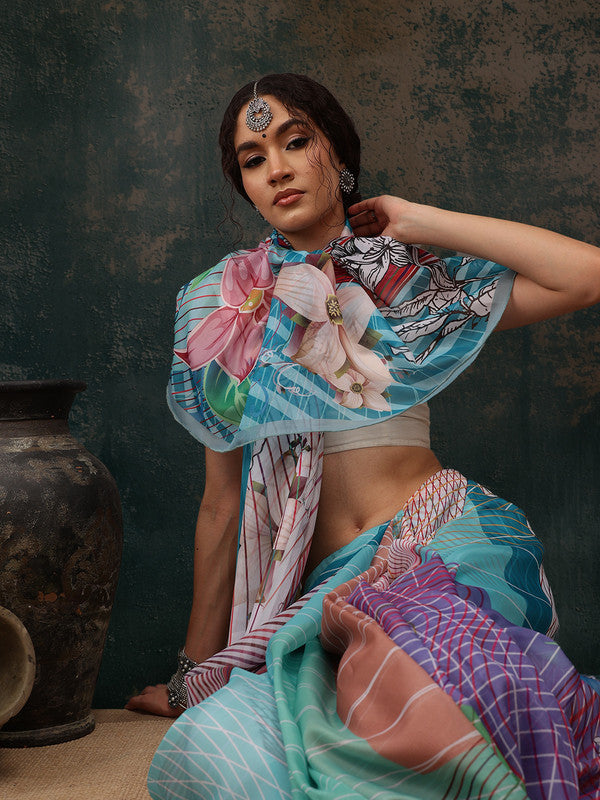 Multicolor Polyester Digital Print Abstract Saree with Unstitched Blouse - Hiral Fashion - Distacart