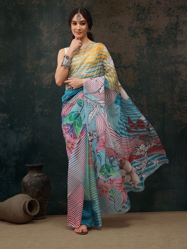 Multicolor Polyester Digital Print Abstract Saree with Unstitched Blouse - Hiral Fashion - Distacart