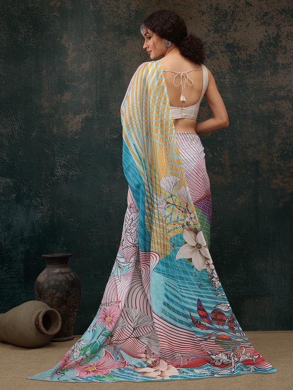 Multicolor Polyester Digital Print Abstract Saree with Unstitched Blouse - Hiral Fashion - Distacart