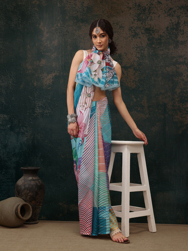 Multicolor Polyester Digital Print Abstract Saree with Unstitched Blouse - Hiral Fashion - Distacart
