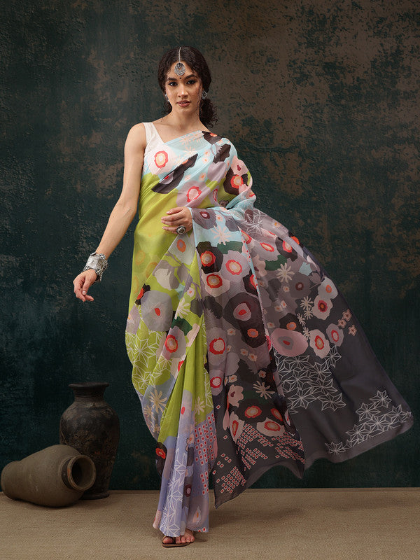 Green Polyester Digital Print Abstract Saree with Unstitched Blouse - Hiral Fashion - Distacart