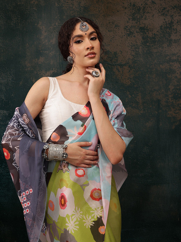 Green Polyester Digital Print Abstract Saree with Unstitched Blouse - Hiral Fashion - Distacart