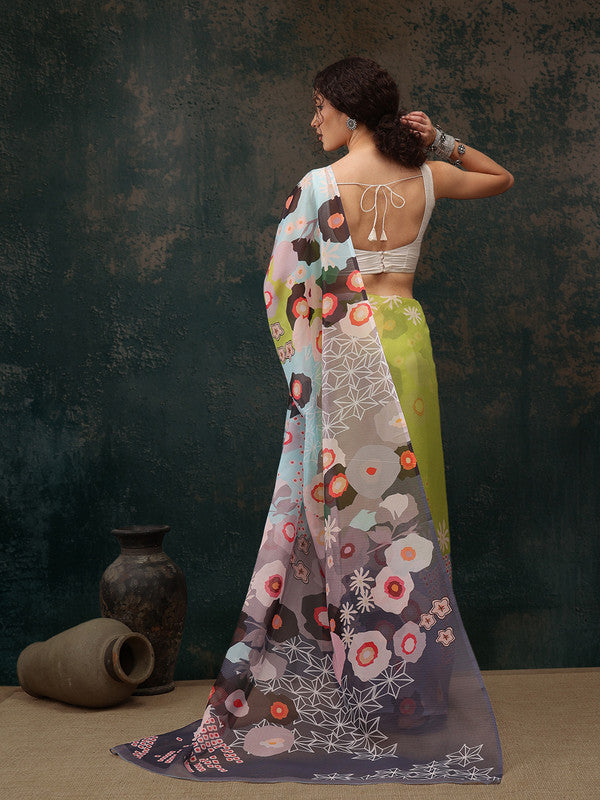 Green Polyester Digital Print Abstract Saree with Unstitched Blouse - Hiral Fashion - Distacart