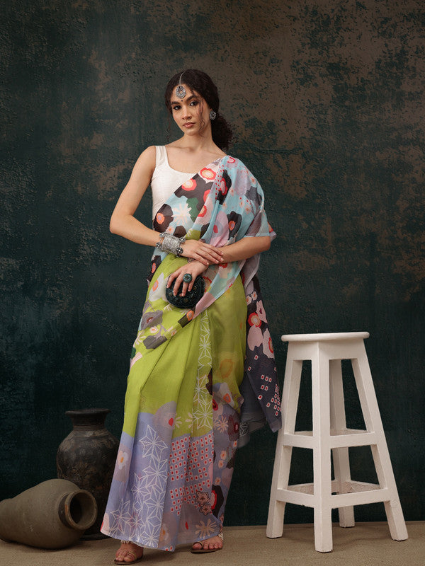 Green Polyester Digital Print Abstract Saree with Unstitched Blouse - Hiral Fashion - Distacart