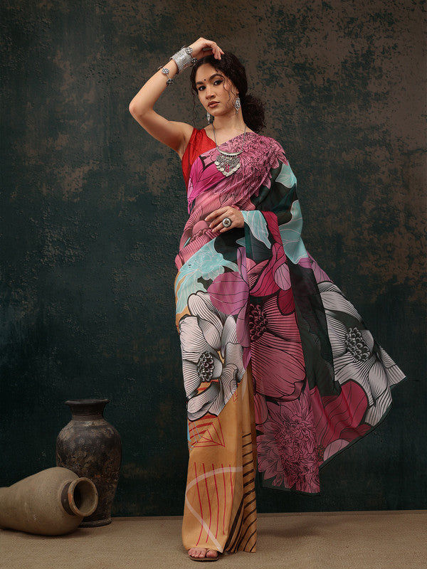 Yellow Polyester Digital Print Abstract Saree with Unstitched Blouse - Hiral Fashion - Distacart
