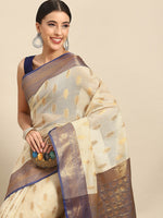 Thumbnail for Navy Blue Tissue Silk Woven Zari Design Floral Saree with Unstitched Blouse - Hiral Fashion - Distacart