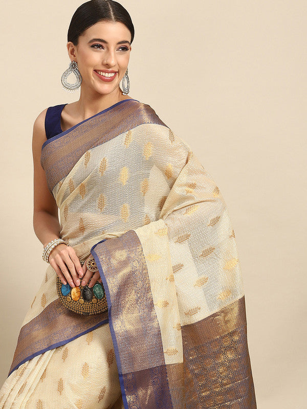 Navy Blue Tissue Silk Woven Zari Design Floral Saree with Unstitched Blouse - Hiral Fashion - Distacart