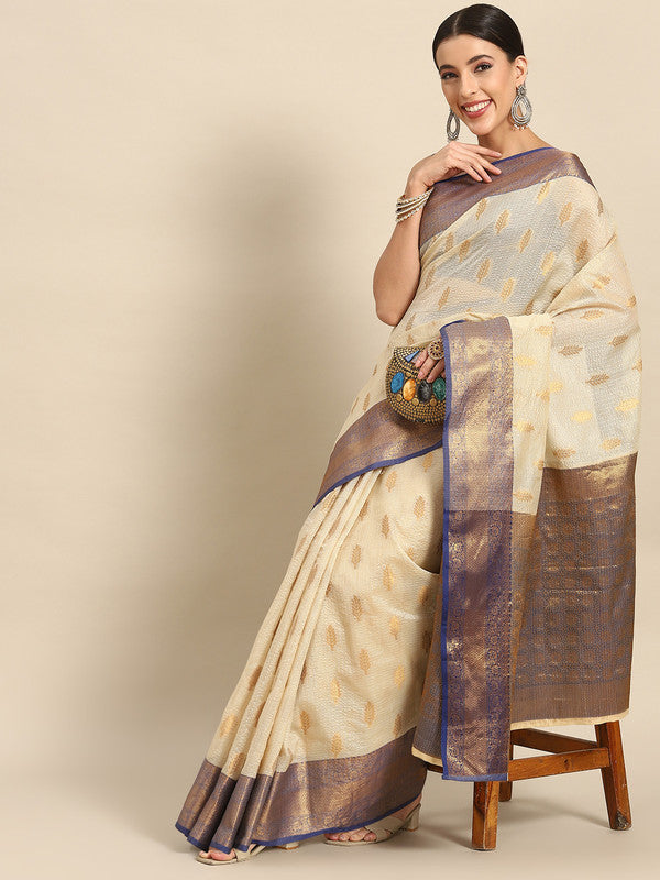 Navy Blue Tissue Silk Woven Zari Design Floral Saree with Unstitched Blouse - Hiral Fashion - Distacart