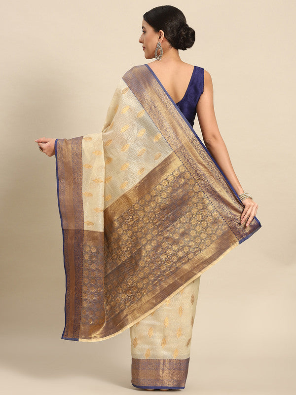 Navy Blue Tissue Silk Woven Zari Design Floral Saree with Unstitched Blouse - Hiral Fashion - Distacart