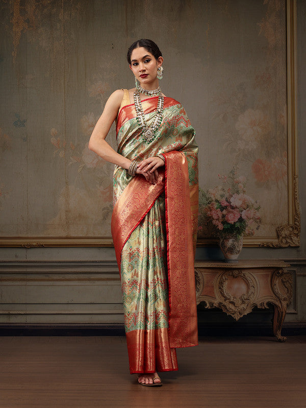 Multicolor Pure Silk Woven Zari Design Geomatric Saree with Unstitched Blouse - Hiral Fashion - Distacart