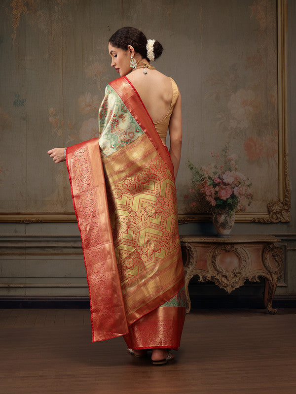 Multicolor Pure Silk Woven Zari Design Geomatric Saree with Unstitched Blouse - Hiral Fashion - Distacart