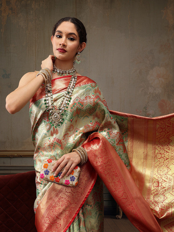 Multicolor Pure Silk Woven Zari Design Geomatric Saree with Unstitched Blouse - Hiral Fashion - Distacart