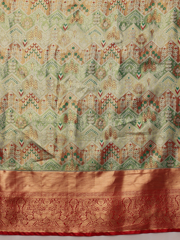 Multicolor Pure Silk Woven Zari Design Geomatric Saree with Unstitched Blouse - Hiral Fashion - Distacart