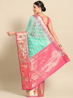 Thumbnail for Turquoise Art Silk Woven Zari Design Ethnic Motifs Saree with Unstitched Blouse - Hiral Fashion - Distacart