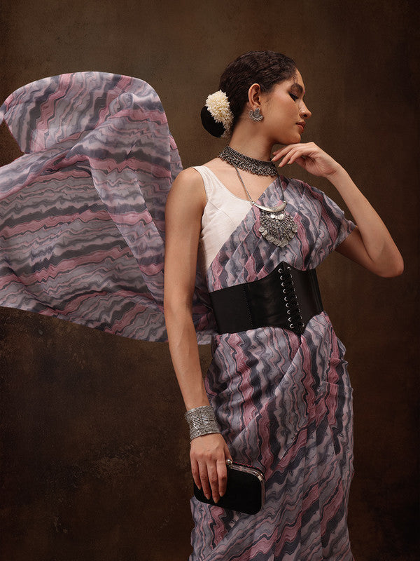 Gray Cotton Blend Digital Print Abstract Saree with Unstitched Blouse - Hiral Fashion - Distacart