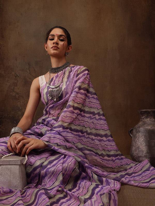 Lavender Cotton Blend Digital Print Abstract Saree with Unstitched Blouse - Hiral Fashion - Distacart