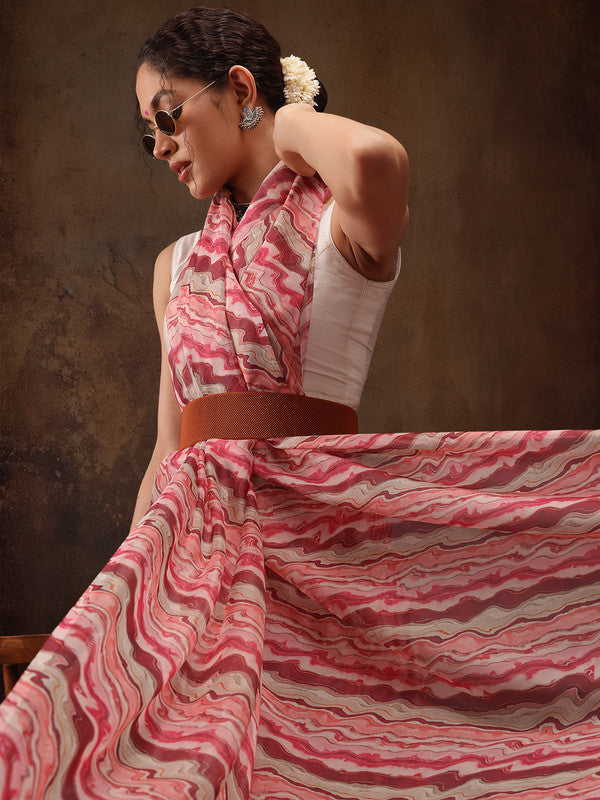 Multicolor Cotton Blend Digital Print Abstract Saree with Unstitched Blouse - Hiral Fashion - Distacart