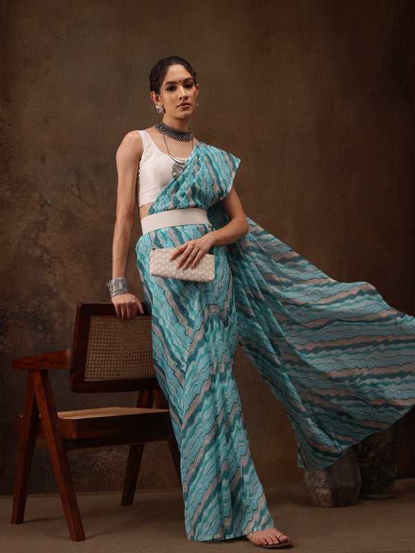 Turquoise Cotton Blend Digital Print Abstract Saree with Unstitched Blouse - Hiral Fashion - Distacart