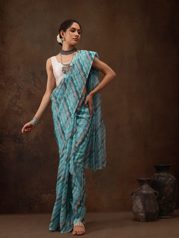 Turquoise Cotton Blend Digital Print Abstract Saree with Unstitched Blouse - Hiral Fashion - Distacart