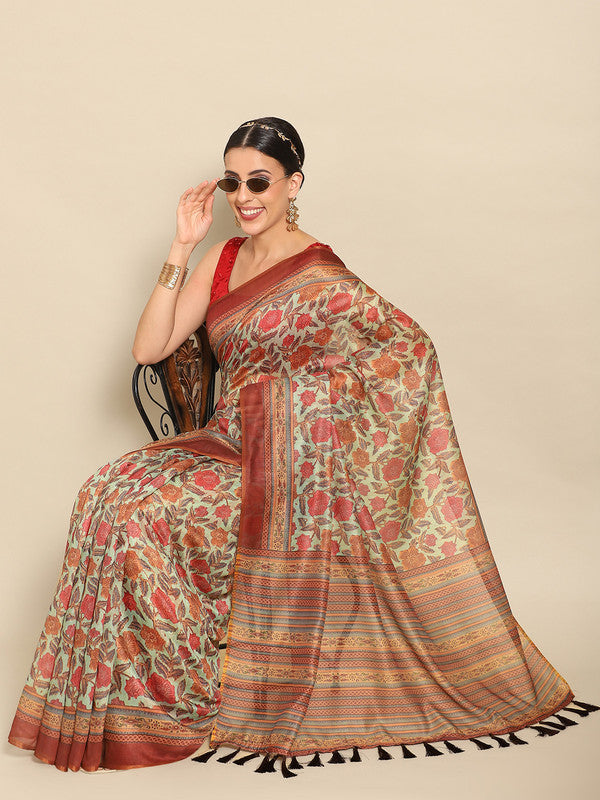 Green Pure Cotton Printed Floral Saree with Unstitched Blouse - Hiral Fashion - Distacart