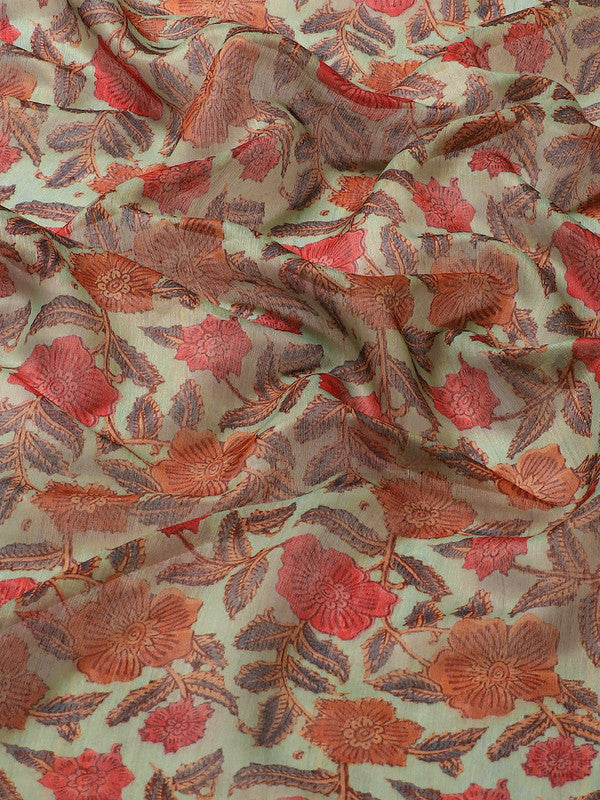 Green Pure Cotton Printed Floral Saree with Unstitched Blouse - Hiral Fashion - Distacart