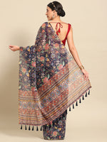 Thumbnail for Navy Blue Pure Cotton Printed Floral Saree with Unstitched Blouse - Hiral Fashion - Distacart