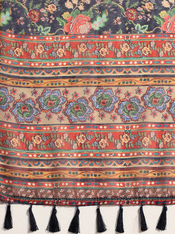 Navy Blue Pure Cotton Printed Floral Saree with Unstitched Blouse - Hiral Fashion - Distacart