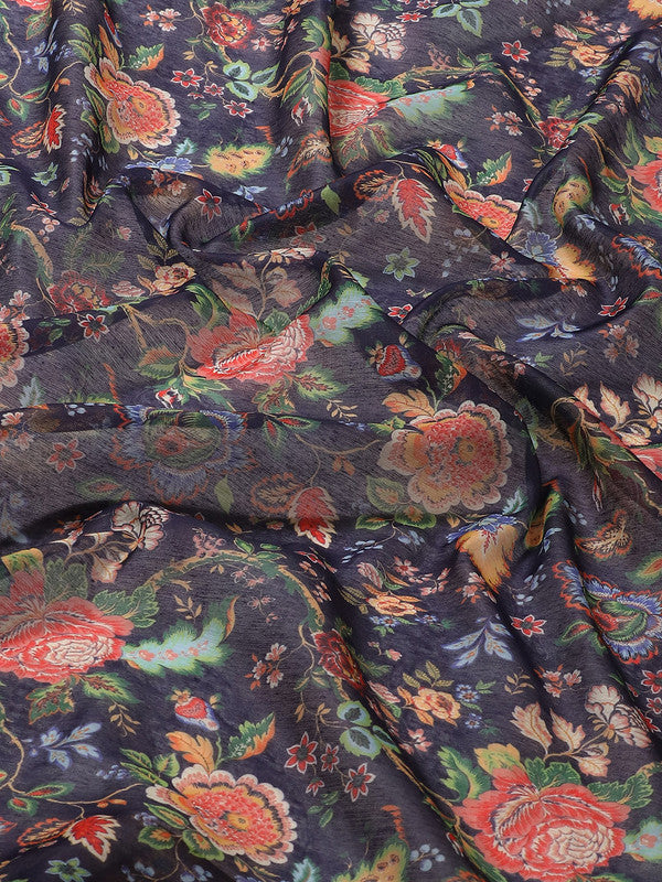 Navy Blue Pure Cotton Printed Floral Saree with Unstitched Blouse - Hiral Fashion - Distacart